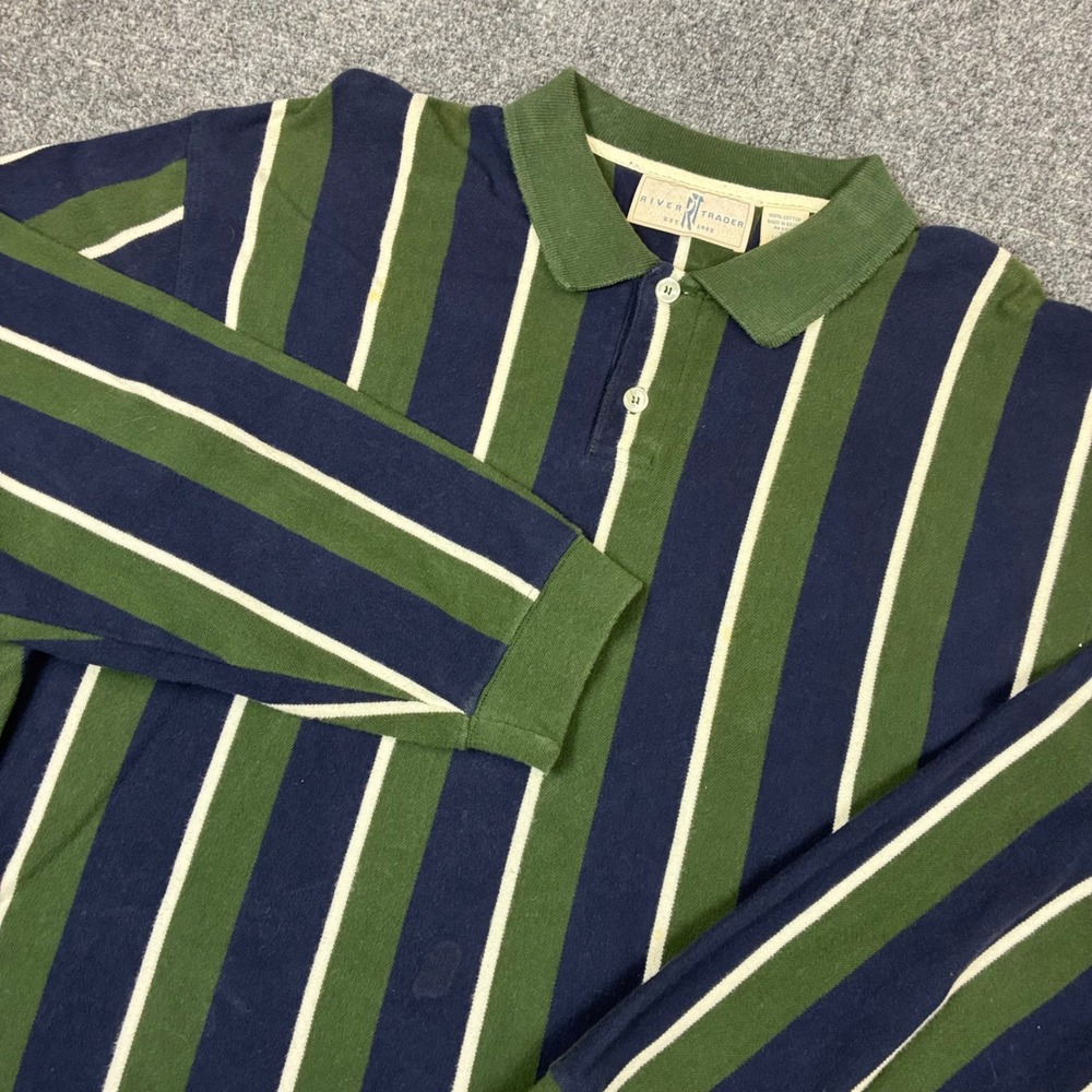 River Trader Mens XL Long Sleeve Vertical Stripe Polo Shirt Navy Green Cotton